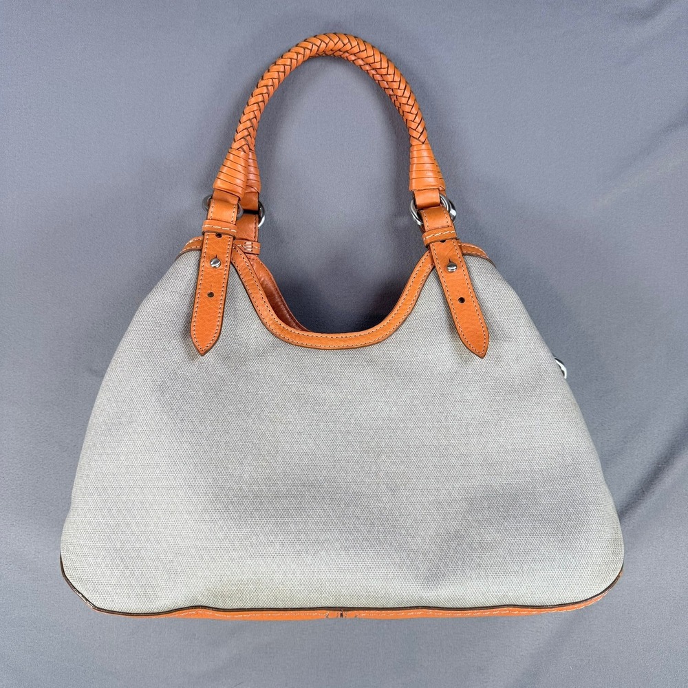 Cole Haan Genevieve Hobo Bag Canvas Leather Orange Tan Large Braided Silver HW